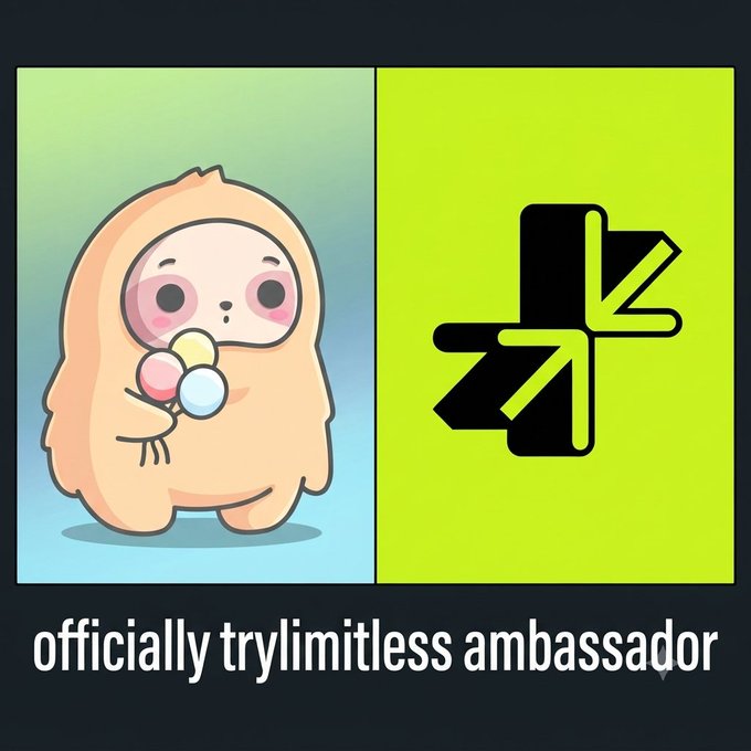 A cartoon sloth mascot holding balloons is shown alongside a stylized "k" logo on a green background, with the caption "officially trylimitless ambassador" below, announcing the user's new role as ambassador for the @trylimitless prediction markets platform.