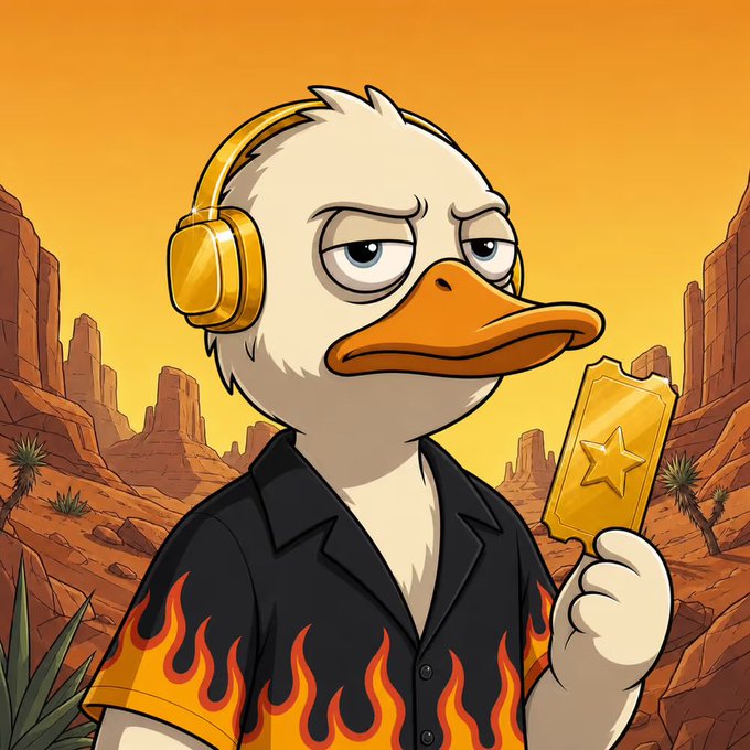 A cartoon illustration of a duck character wearing yellow headphones and a flame-patterned Hawaiian shirt, holding a gold star ticket in a desert landscape.