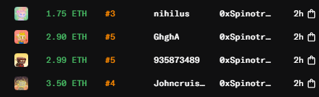 A dark-themed NFT listing page showing four pixel-art items for sale at 1.75 ETH, 2.90 ETH, 2.99 ETH, and 3.50 ETH by sellers including 'nihilu', 'GhghA', '935873489', and 'Johncruis' on OpenSea.
