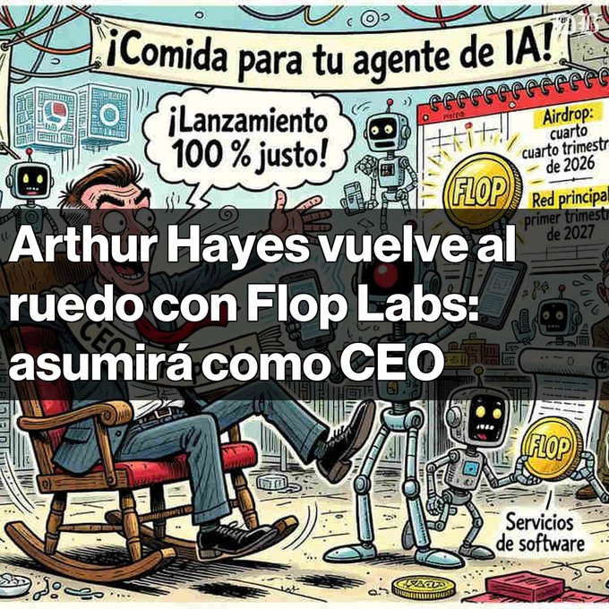 A cartoon illustration of a man in a suit in a rocking chair with a speech bubble reading '¡Lanzamiento 100 % justo!', with Spanish overlay text stating 'Arthur Hayes vuelve al ruedo con Flop Labs: asumirá como CEO'.