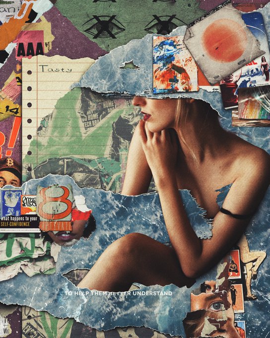 An artistic collage-style image showing a woman sitting, with torn paper layers, photographs, and text fragments including 'AAA', 'Tasty', 'what happens to your SELF CONFIDENCE', and 'TO HELP THEM BETTER UNDERSTAND'.
