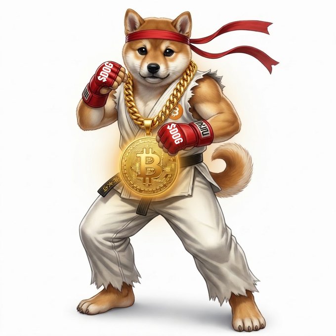 A cartoon illustration of a Shiba Inu dog dressed as a martial artist in a white gi with a red headband, wearing gold chains and a large Bitcoin medallion, with red boxing gloves marked '$100'.