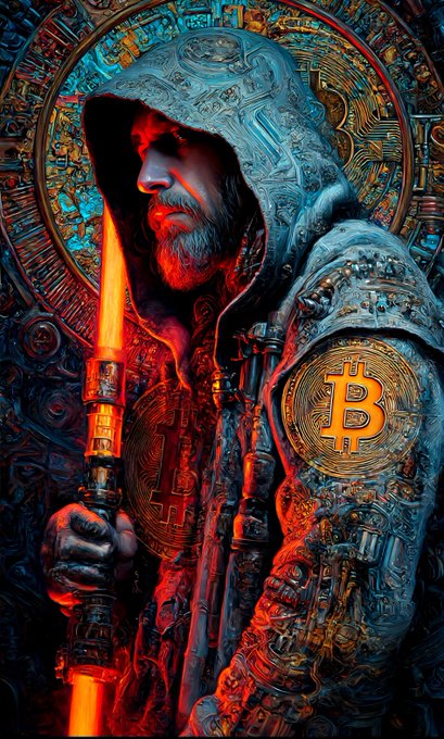 A highly detailed digital art illustration of a hooded warrior with a beard holding an orange glowing sword, featuring a Bitcoin logo emblem on his chest armor against a cyberpunk-style background.