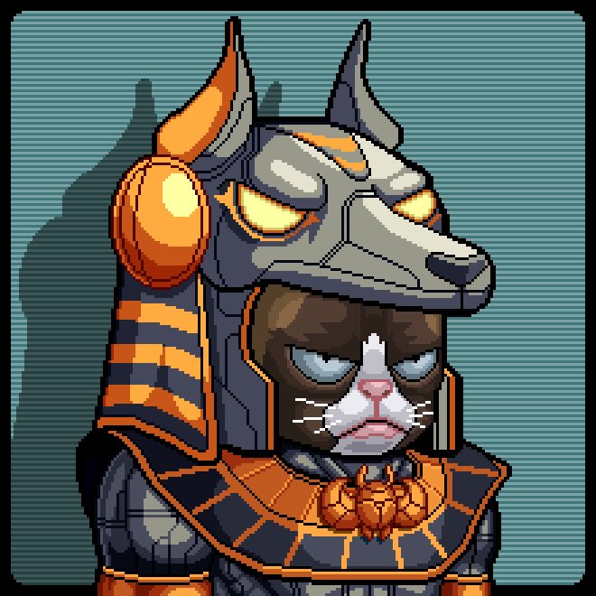Pixel art of an anthropomorphic cat wearing an elaborate Egyptian-inspired Anubis helmet with orange accents and a beaded collar, standing against a teal background.