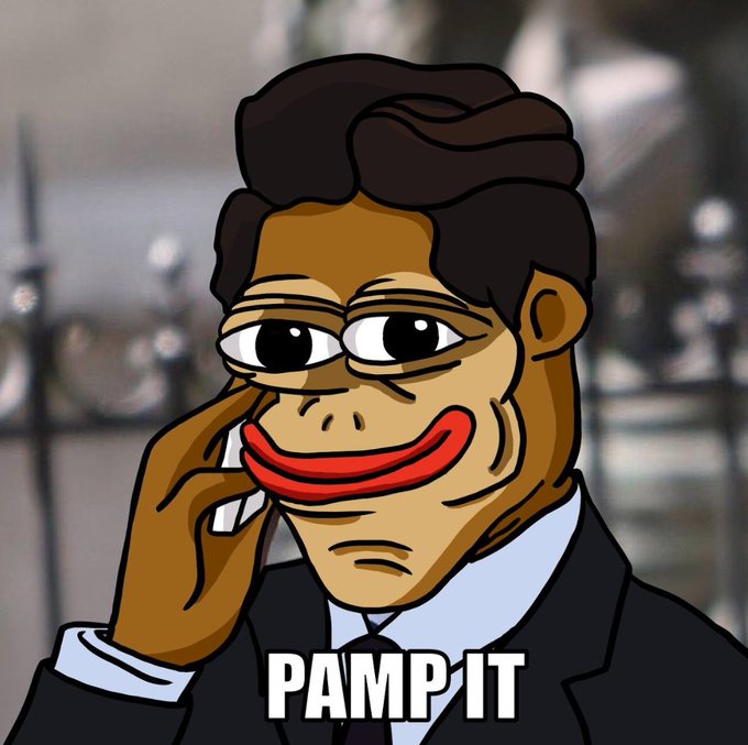 A cartoon-style meme of a man in a suit with an exaggerated face, holding his hand up with the caption "PAMP IT" at the bottom.