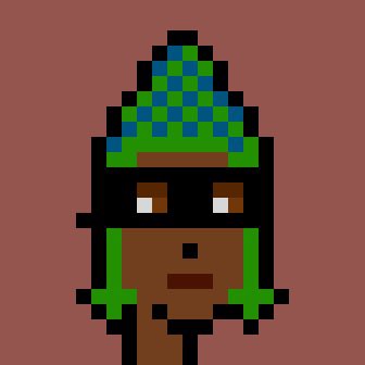 A small pixel art sprite of a character with a green and blue pointed hat and a red mask against a solid red background.