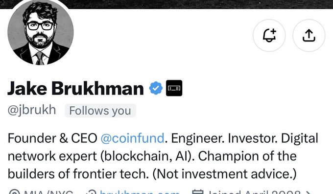 Twitter/X profile for Jake Brukhman (@jbrukh) describing himself as 'Founder & CEO @coinfund. Engineer. Investor. Digital network expert (blockchain, AI).' based in MIA/NYC.