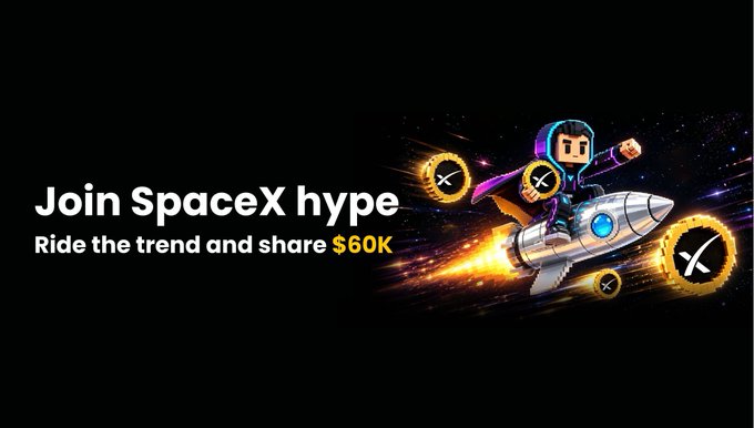 The image features a poster for an event called "Join SpaceX Hyper". The poster has a black background with white text that reads "JOIN SPACEX HYPE Ride the trend and share 60k". A person riding a rocket ship on the poster is depicted, along with a sword in their hand. The poster also includes a code or a URL for accessing more information about the event.