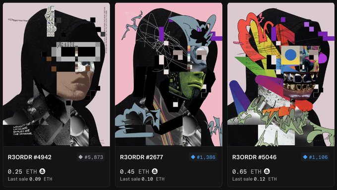 The image displays three NFT listings from the R3ORDR collection, showing pixelated hooded figures with prices of 0.25 ETH (#4942), 0.45 ETH (#2677), and 0.65 ETH (#5046), directly corresponding to the post's claim of "Only 3 Hoodie @R3ORDR below 1ETH." The visual evidence supports the "who" question posed in the caption, presenting these as the rare sub-1ETH opportunities to acquire.