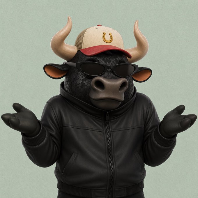 A 3D render of an anthropomorphic black bull wearing sunglasses, a leather jacket, and a red cap with a horseshoe logo.