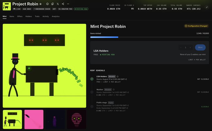 A webpage for 'Project Robin' NFT mint showing 2,349 of 10,000 ranks minted at 0.0025 ETH, with a mint schedule for LSA Holders, Waitlist, and Public stages.