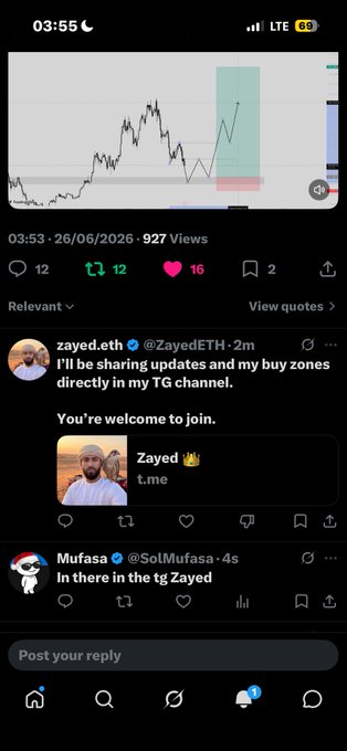 A mobile screenshot of a Twitter/X post showing a trading chart (3:53, 26/06/2026, 927 Views) with 12 comments, 12 reposts, 16 likes, and 2 bookmarks, followed by user @ZayedETH inviting viewers to join his TG channel for buy zone updates, and a reply from @SolMufasa confirming he's "in there in the tg Zayed." The post appears to be a thank-you reply to Zayed for sharing his crypto trading analysis and signals.
