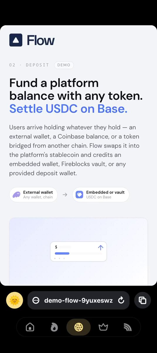 The image shows a phone screen displaying information about a wallet service called "Flow". The phone's display features a menu with options for different types of wallets, such as EVM, Solana, and Bitcoin. The text on the screen explains that users can fund a platform using any token they hold, and it also mentions that the wallet service accepts these tokens. Additionally, there is a button labeled "Focus" at the bottom of the image, which could be used to navigate through the options or access more information about the wallet service.