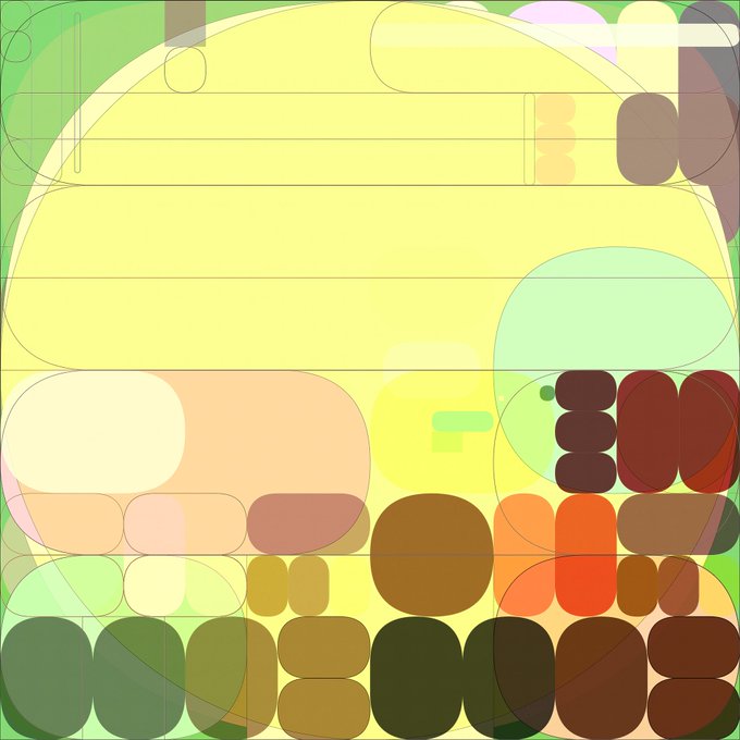 An abstract artwork with overlapping translucent shapes in pastel greens, yellows, browns, and oranges, with horizontal lines throughout.