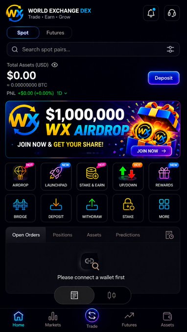 This image shows a first look at the World Exchange (WX) DEX mobile app interface, featuring a dark-themed design with a search bar, $0.00 total assets display, and a prominent "$1,000,000 WX AIRDROP" promotional banner encouraging users to "JOIN NOW." The dashboard includes navigation tabs for Spot/Futures trading, action buttons like Deposit, Withdraw, Stake, Bridge, and an Airdrop menu, alongside feature tiles for Launchpad, Stake & Earn, Up/Down, and Rewards—aligning with the post's description of a CEX-like, user-friendly decentralized trading platform still under active development.