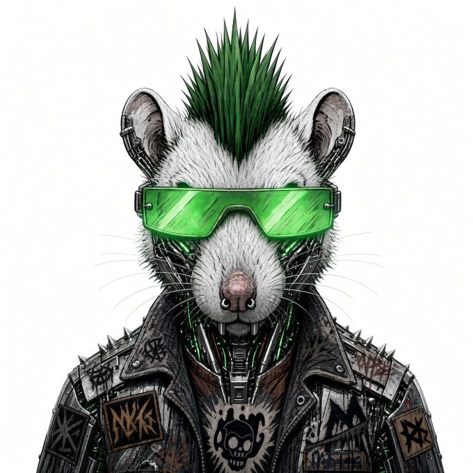 A digital illustration of a cybernetic possum or rat with a green mohawk, wearing green sunglasses and a spiked leather jacket.
