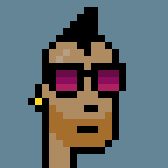 A pixel art portrait features a person with dark hair, sunglasses, and a beard on a plain blue background.