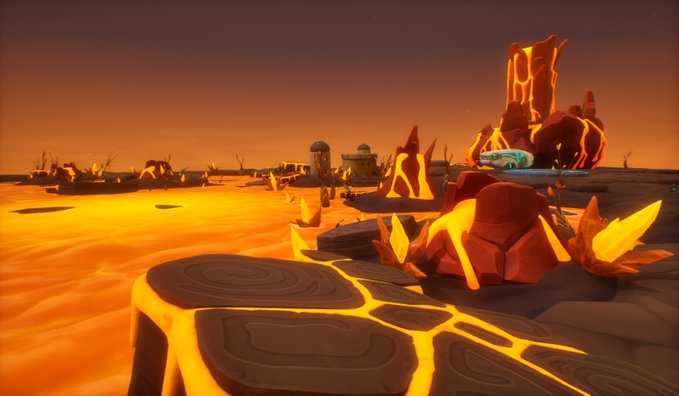 A stylized 3D landscape featuring a lava-filled environment with glowing yellow crystals and dark rock formations under an orange sky.
