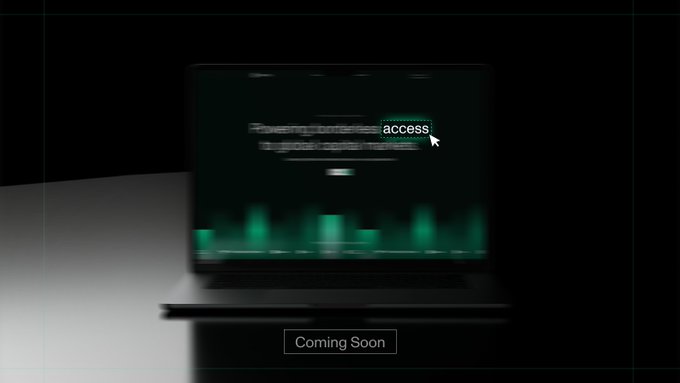 A dark laptop screen displays a "Coming Soon" graphic with the word "access" highlighted by a cursor, accompanied by green digital bar elements below, suggesting a digital financial platform in development. The image visually reinforces the post's message about an impending evolution toward borderless access to capital, markets, and assets.