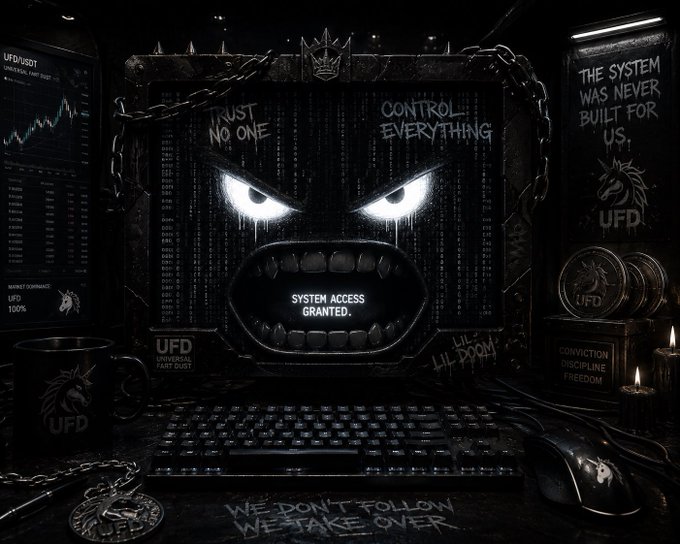 A dark, gothic-style digital art image featuring a menacing face with glowing white eyes and gritted teeth displaying 'SYSTEM ACCESS GRANTED.' The image includes text reading 'TRUST NO ONE', 'CONTROL EVERYTHING', 'THE SYSTEM WAS NEVER BUILT FOR US.', 'WE DON'T FOLLOW WE TAKE OVER', and 'UFD' branding on various items like a mug, coins, and chain.