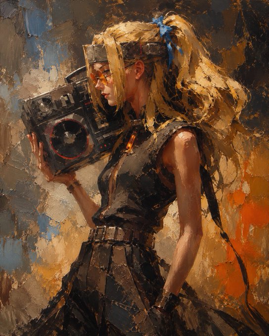 A painted illustration of a blonde girl with sunglasses holding a boombox, wearing a dark sleeveless top and pleated skirt.