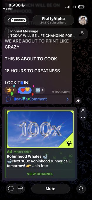 A mobile screenshot of a Telegram livestream by 'FluffyAlpha' (24,110 subscribers) showing an excited chat about printing tokens, with a pinned message reading 'TODAY WILL BE LIFE CHANGING FOR... WE ARE ABOUT TO PRINT LIKE CRAZY' and a Robinhood ad.