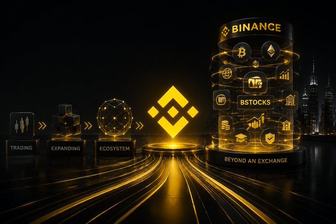 A stylized Binance promotional graphic featuring the iconic yellow Binance logo alongside icons for Bitcoin, Ethereum, and Bstocks, with text reading "TRADING → EXPANDING → ECOSYSTEM" and "BEYOND AN EXCHANGE" against a dark cityscape background.