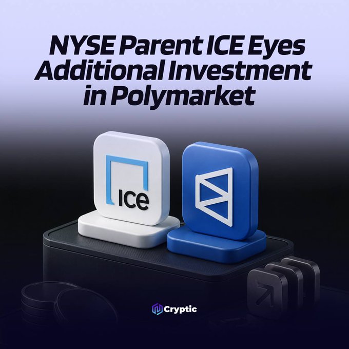 A 3D-rendered graphic featuring the ICE logo and a blue app icon sits below the bold headline "NYSE Parent ICE Eyes Additional Investment in Polymarket," with a "Cryptic" watermark at the bottom. The image visually reinforces the post's news that Intercontinental Exchange (ICE), parent of the NYSE, is considering further capital investment in prediction market platform Polymarket.