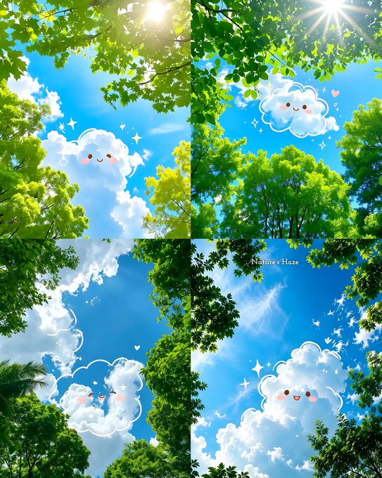 A 4-panel collage of anime-style nature backgrounds featuring blue skies, fluffy smiling clouds, green trees, and sparkling effects with sunbeams, with 'Nature's Haze' text in one panel.