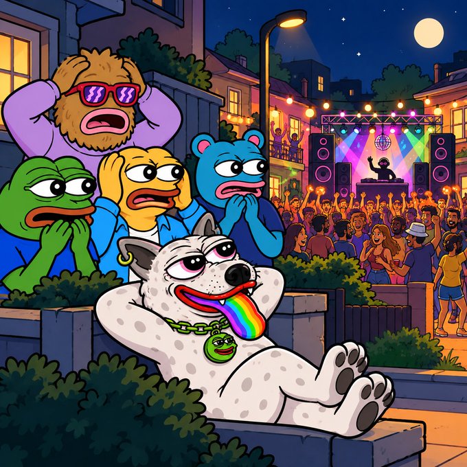 A colorful cartoon illustration showing a white spotted dog with a rainbow tongue and Pepe the Frog pendant lounging on a bench, while several worried-looking characters including a bear with sunglasses, a frog, and a blue creature watch a DJ perform at a nighttime outdoor party with a large crowd.
