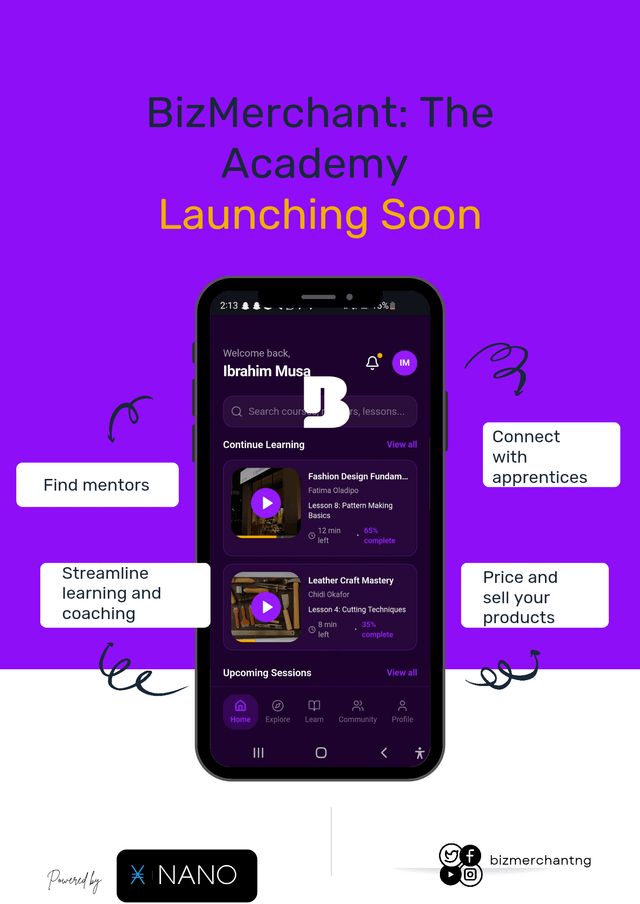 The focus of the image is a phone that has an app opened up on its screen, displaying various icons and information about launching an education brand. The app also mentions that there are apps available to connect with a mentor or instructor related to fashion design. This suggests that users can join classes and workshops for learning fashion design skills while connecting with experienced professionals in the industry through this platform.