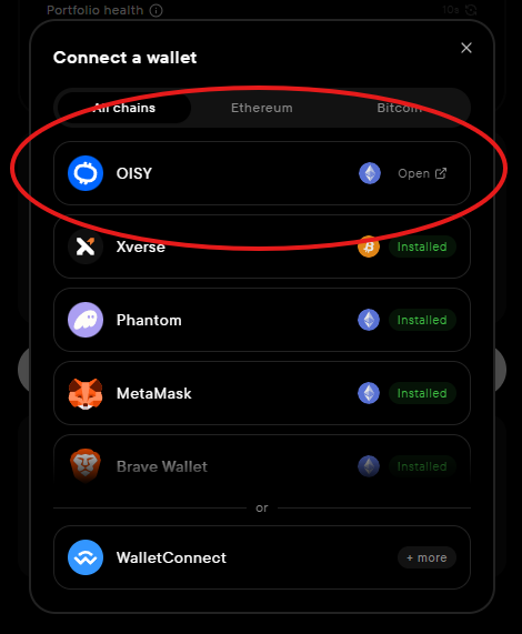 A "Connect a wallet" modal is displayed with the OISY wallet option circled in red at the top of the list, suggesting it as the recommended choice among available wallets like Xverse, Phantom, MetaMask, Brave Wallet, and WalletConnect. The circled OISY option visually reinforces the post's hype that "This project is really cooking" by highlighting OISY as a standout wallet integration.