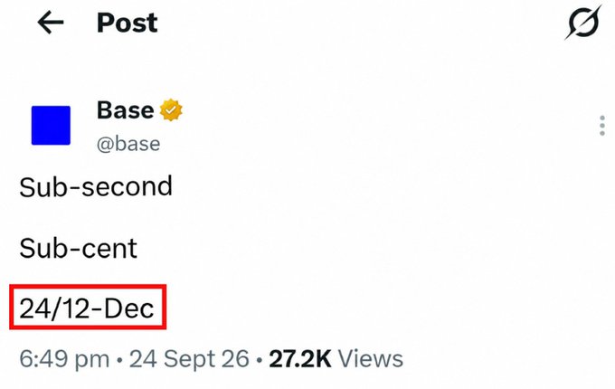 A social media post from @base reading 'Sub-second, Sub-cent, 24/12-Dec' dated 24 Sept 26 with 27.2K views.