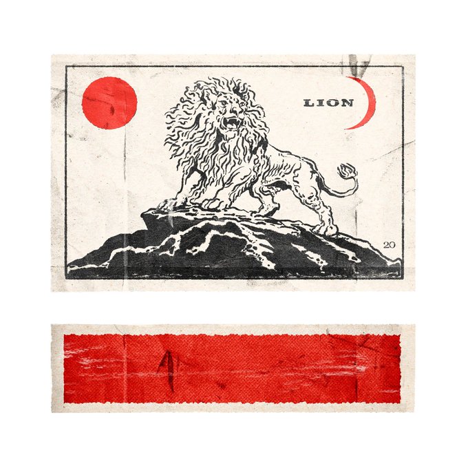 A vintage-style illustration on a card labeled 'LION' depicts a lion standing on a rocky outcrop with a red sun and crescent moon, paired with a separate red textured paper strip.