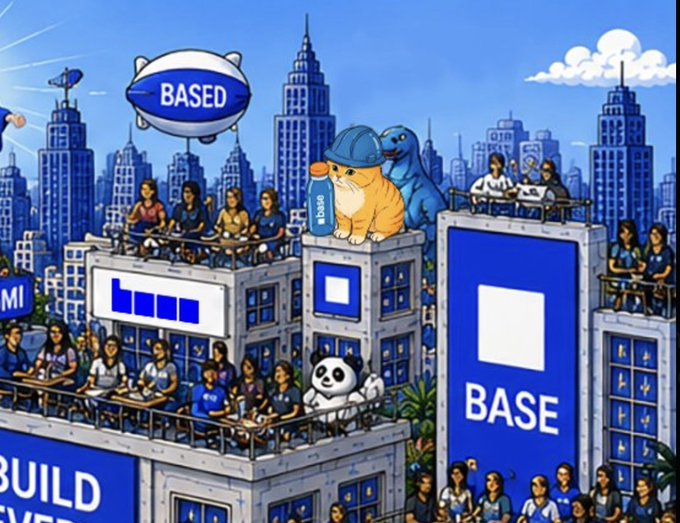 A vibrant, cartoon-style illustration depicts a bustling cityscape where people gather on rooftops alongside a cat wearing a blue cap and a dinosaur, all prominently featuring "BASE" branding and a blimp labeled "BASED" — directly tying into the "$BASECAT" meme referenced in the post.