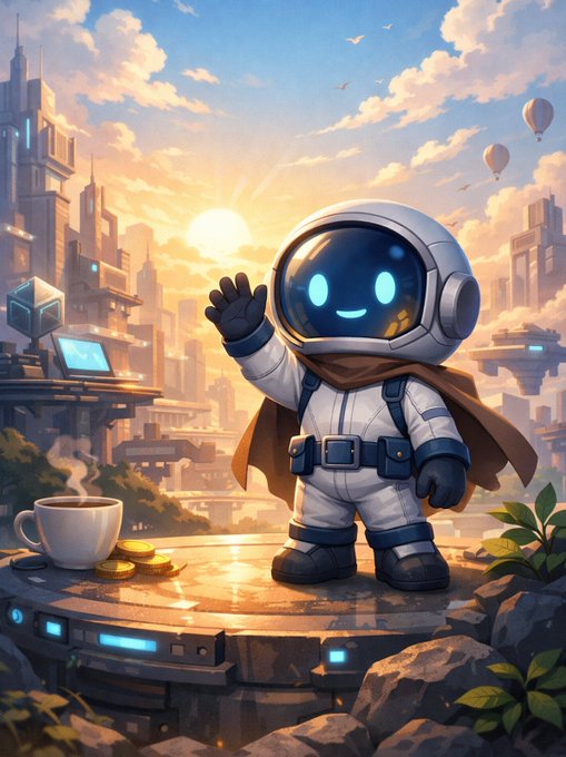 A digital illustration of a cute cartoon astronaut character wearing a white spacesuit with a brown cape, waving from a futuristic floating platform with a steaming coffee cup nearby, set against a sunset sci-fi cityscape with hot air balloons.