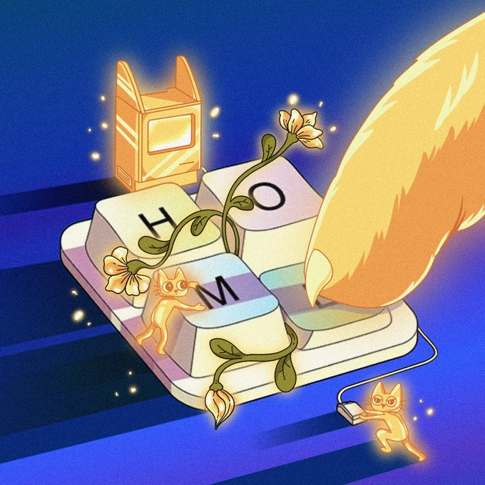 A whimsical illustration featuring a glowing cat-shaped computer, keyboard keys labeled H, M, and O entwined with flowers, and a fluffy tail, set against a starry blue background.