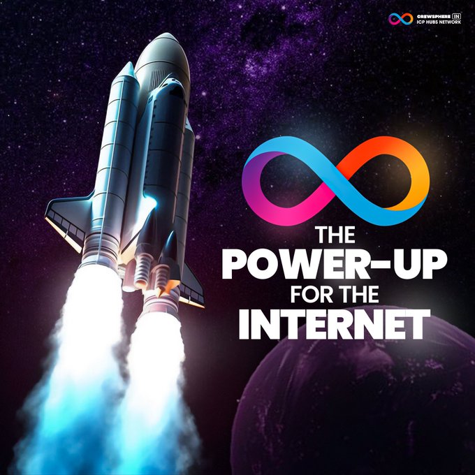 Crewsphere CP Hubs Network promotional graphic with a space shuttle launching into a purple starry sky, featuring an infinity logo and text 'THE POWER-UP FOR THE INTERNET'.