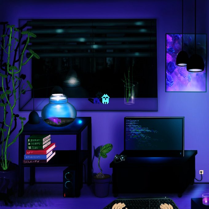 A purple-lit gaming/developer workspace featuring a monitor displaying code, a bookshelf with books labeled "ETH EREUM" and "SOLIDITY," a fishbowl, plants, and a pixel-art ghost decoration on the wall.