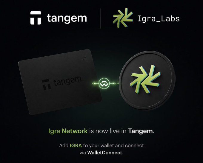 Promotional graphic announcing 'Igra Network is now live in Tangem,' showing logos for tangem and Igra_Labs with a physical card, instructing users to 'Add IGRA to your wallet and connect via WalletConnect.'
