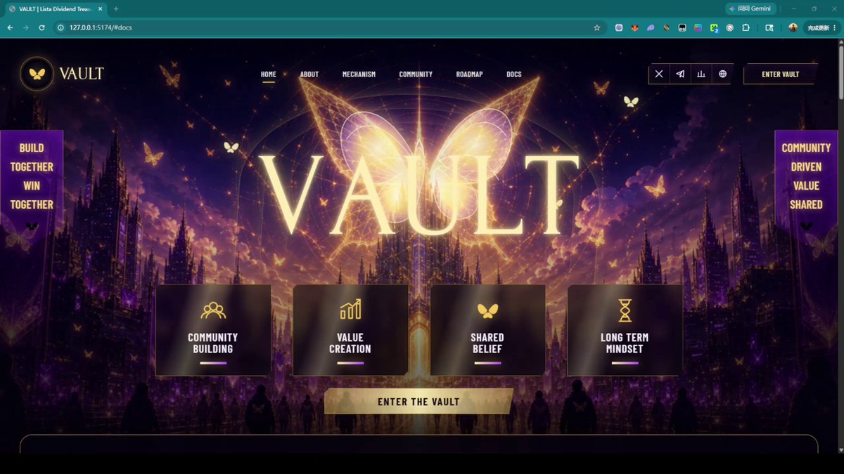 A screenshot of the website "vaault.com" featuring a large, colorful, artistic illustration and gold text that says "The website made by community buddies for @VAULT_BNB is about to go live". This description connects the viewer with the content displayed in the image and reinforces its importance.