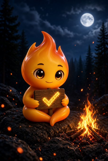 An AI-generated cute orange flame-like character holding a wooden sign with a glowing checkmark, sitting by a campfire under a full moon in a forest.