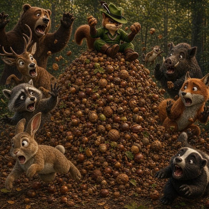 In a whimsical forest scene, PNUT the squirrel sits calmly atop a massive pile of nuts while surrounded by panicked forest animals — bears, deer, a fox, rabbits, a raccoon, and a badger — all with shocked and frantic expressions, visually capturing the post's message of patient composure amid market chaos.