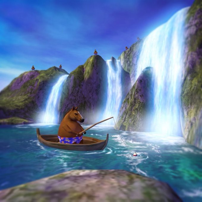 A surreal digital artwork featuring a brown horse wearing blue patterned shorts, sitting in a wooden boat while fishing with a rod, set against a backdrop of majestic waterfalls and green cliffs.