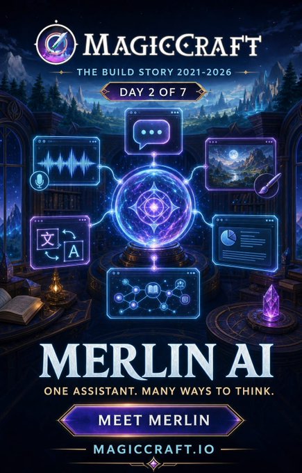 A promotional graphic for 'MAGICCRAFT - THE BUILD STORY 2021-2026' highlighting 'MERLIN AI' with a 'DAY 2 OF 7' banner and 'MEET MERLIN' button at magiccraft.io.