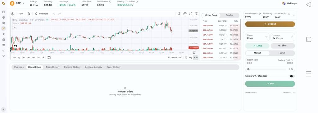 A screenshot of a cryptocurrency trading interface showing a BTC Perpetual chart with candlestick patterns, order book, and trading options for Long/Short positions at $84,455.
