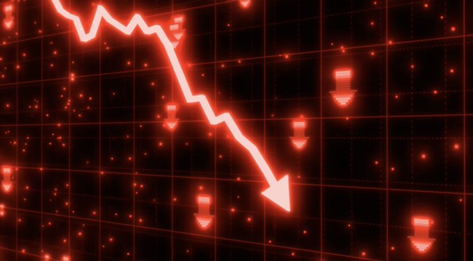 The image features a red and white graph with an arrow pointing down, indicating a decline or falling trend. In addition to the directional graph, there are numerous small icons surrounding the arrows, which could represent different financial indicators like Bitcoin or other cryptocurrencies. The image is associated with a statement that reads "Is BlackRock's XRP ETF on the horizon? The fact that BlackRock has been selling Bitcoin nonstop is no coincidence." This suggests a connection between the decline in bitcoin prices and the market performance of XRP, which may be an indication of a downward trend for cryptocurrencies.