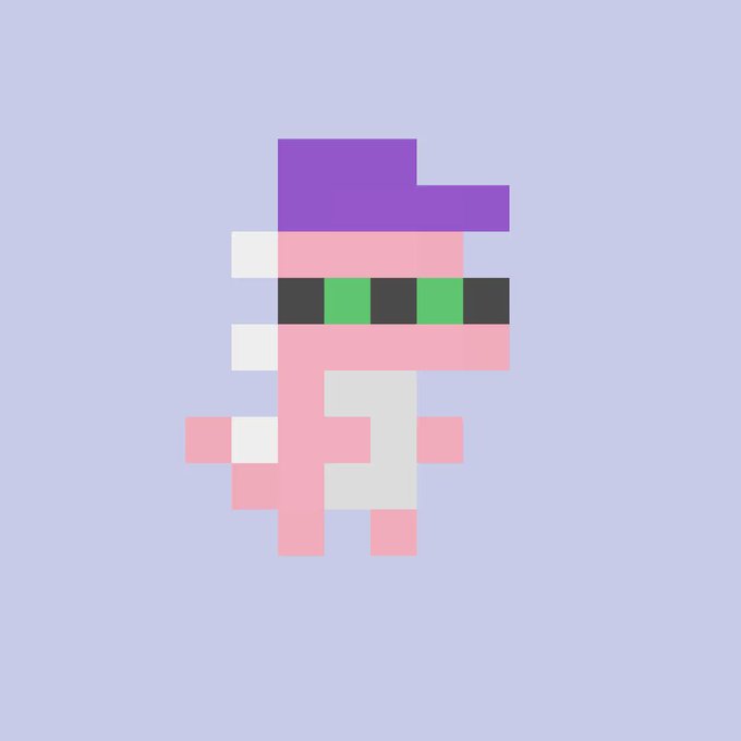 A pixel art character with a pink body, green glasses, and a purple hat on a light blue background.