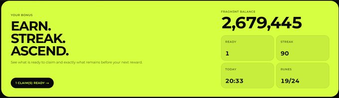 A bright yellow-green digital dashboard displaying 'EARN. STREAK. ASCEND.' with a 'FREIGHT BALANCE' of 2,679,445, 'READY' of 1, 'STREAK' of 90, 'TODAY' of 20:33, and 'RUNES' of 19/24.