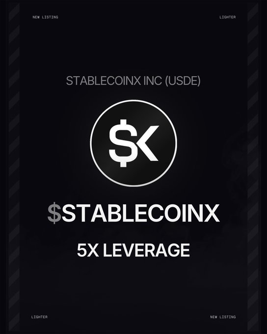 A black promotional graphic announcing 'NEW LISTING' for 'STABLECOINX INC (USDE)' with a circular logo featuring '$K' and text reading '$STABLECOINX' and '5X LEVERAGE' on a platform called LIGHTER.